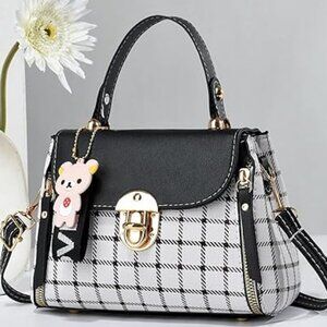 Neiman Marcus Plaid Twist Lock Black Bear Purse